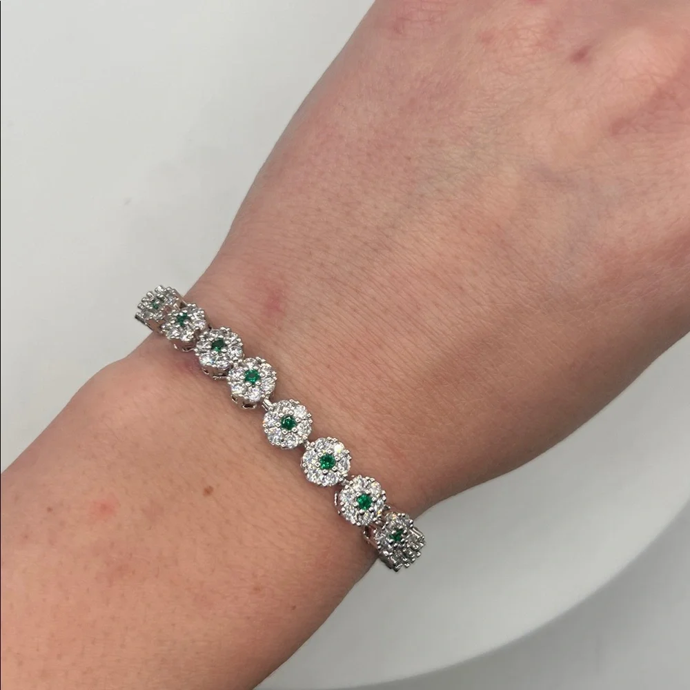 204. White Gold Plated Emerald and Crystal CZ’s 6 1/2” - 7”